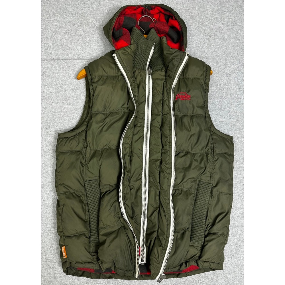 Superdry Puffer Vest Mens XL Green Double Zip Plaid Hooded GT-AW11-523